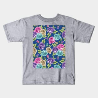 Botanical Roses Seamless Pattern On Blue Background Kids T-Shirt